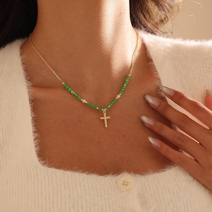 Women’s Gold Cross Necklace with Colorful Beads