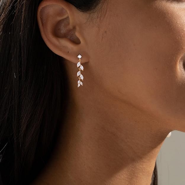 Women’s Dainty Leaf-Shaped Zircon Drop Earrings